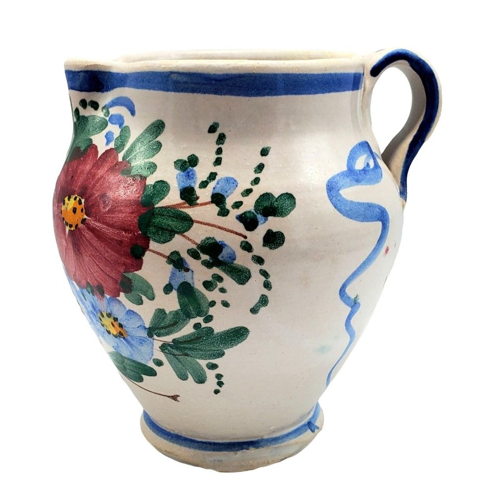 Vintage Art Pottery Small Floral Pitcher Italy Hand Painted Rustic Farmhouse Cou
